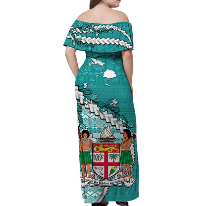 Fiji Off Shoulder Long Dress Fijian Drua Mix Tagimaucia Flower Turquoise Style