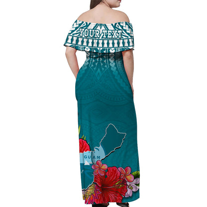 Custom Personalised Guam Chamorro Off Shoulder Long Dress Guaman Latte Stone Tropical Flowers Turquoise Version