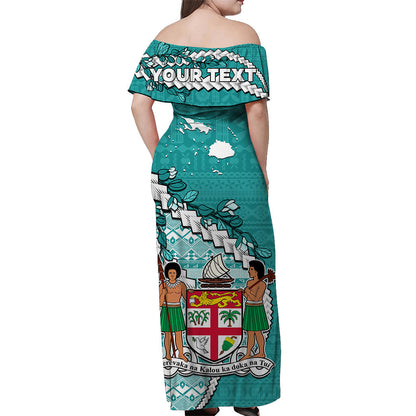 Custom Personalised Fiji Off Shoulder Long Dress Fijian Drua Mix Tagimaucia Flower Turquoise Style