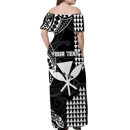 Custom Personalised Hawaii Day Kakau Off Shoulder Long Dress Proud To Be Hawaiian Black King Kamehameha and Kanaka Maoli