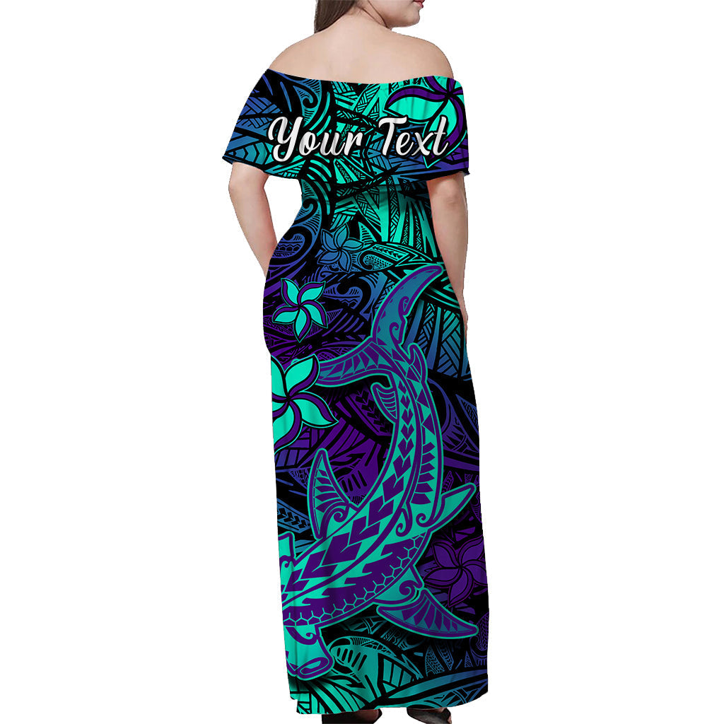 Custom Personalised Polynesian Off Shoulder Long Dress Purple Paradise Hawaiian Tribal Hammerhead Shark