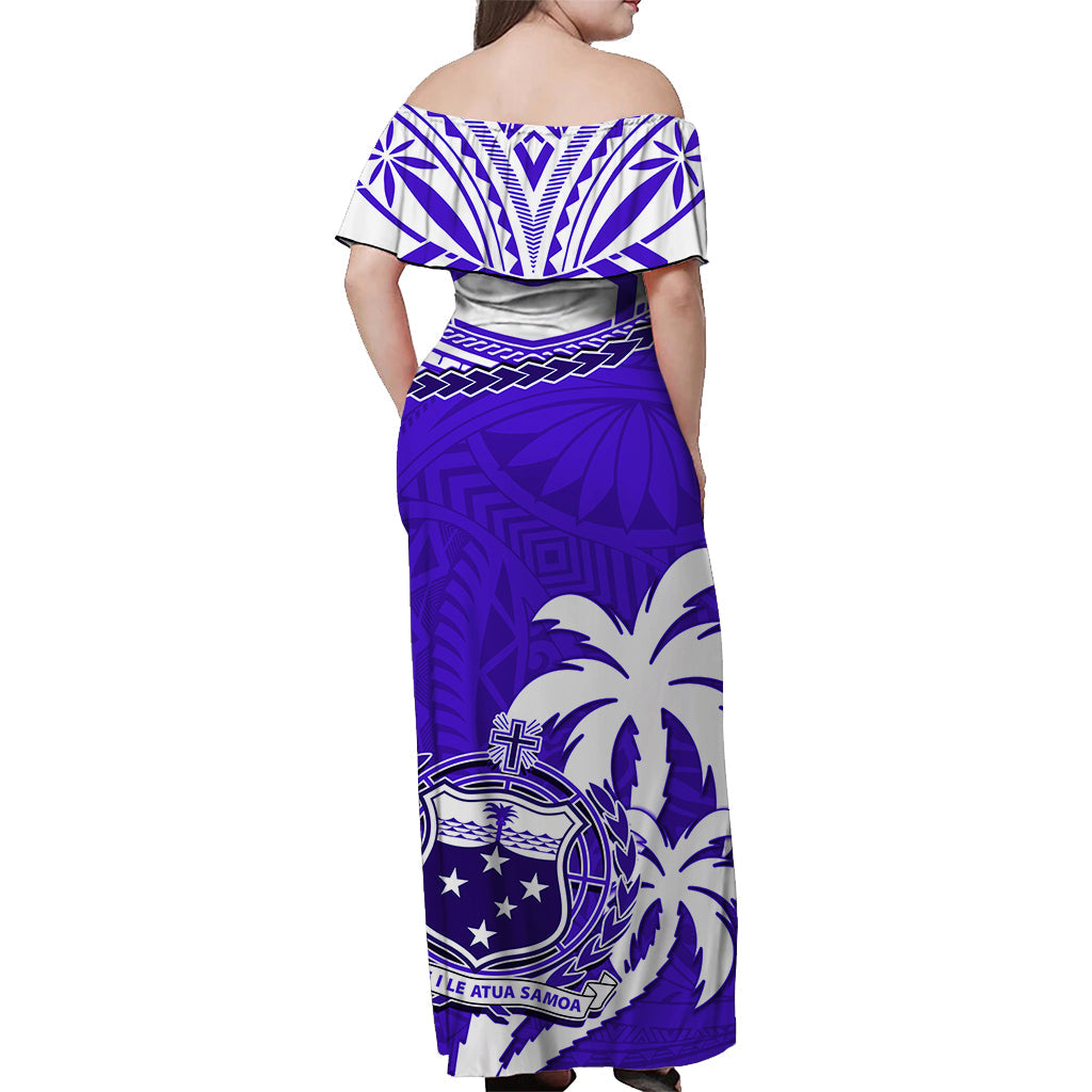 Samoa Off Shoulder Long Dress Samoan Coat Of Arms With Coconut Blue Style
