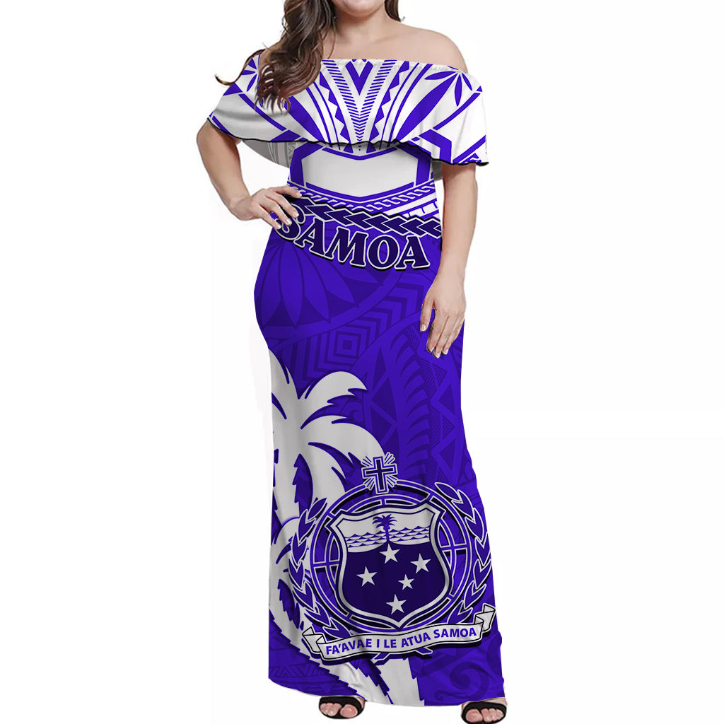 Samoa Off Shoulder Long Dress Samoan Coat Of Arms With Coconut Blue Style