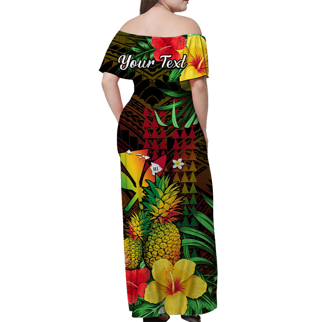 Custom Personalised Hawaii Off Shoulder Long Dress Pineapple Mix Kakau Reggae Kanaka