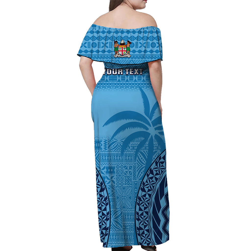 Custom Personalised Fiji University Off Shoulder Long Dress National Fijian Tapa Pattern Blue