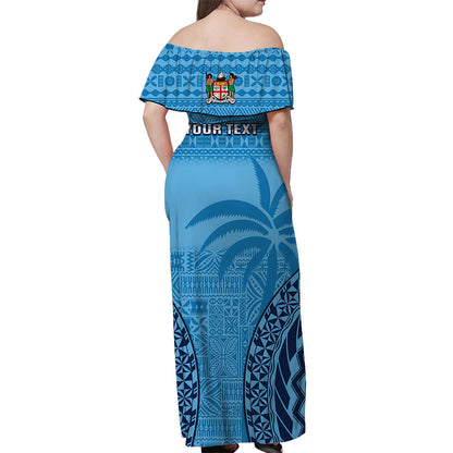 Custom Personalised Fiji University Off Shoulder Long Dress National Fijian Tapa Pattern Blue