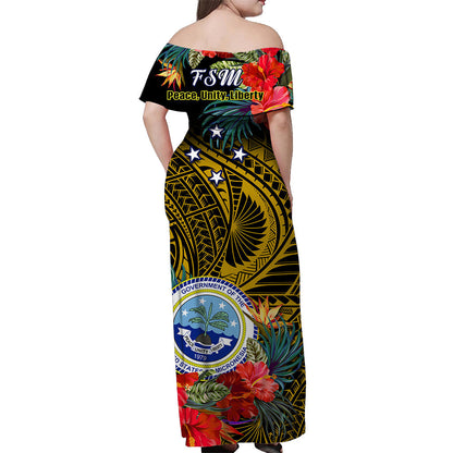 Federated States of Micronesia Off Shoulder Long Dress Hibiscus Flowers FSM Seal Polynesian Ver.06