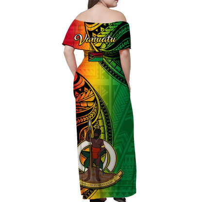 Custom Personalised Vanuatu Off Shoulder Long Dress Luganville Polynesian Reggae Coat Of Arms