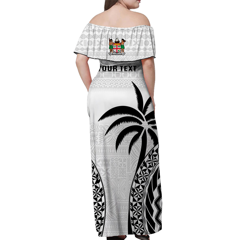 Custom Personalised Fiji University Off Shoulder Long Dress National Fijian Tapa Pattern White