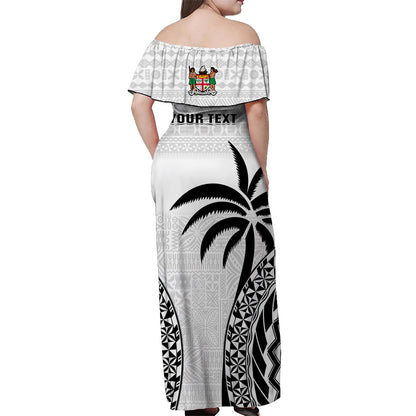 Custom Personalised Fiji University Off Shoulder Long Dress National Fijian Tapa Pattern White