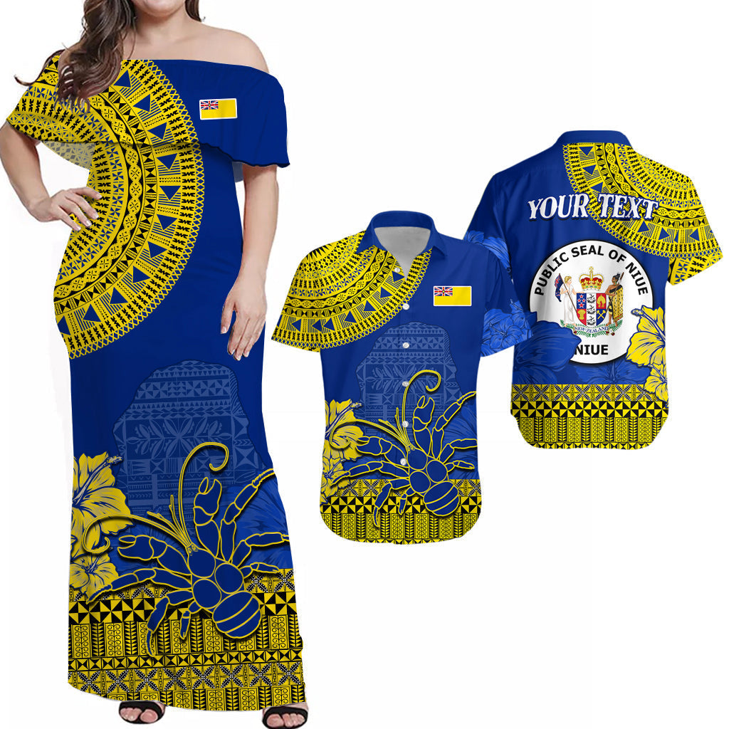 (Custom Personalised) Matching Outfits For Couples Niue Hiapo Combo Dress and Hawaiian Shirt Rock of Polynesia Tapa Niuean Crab Happy Day