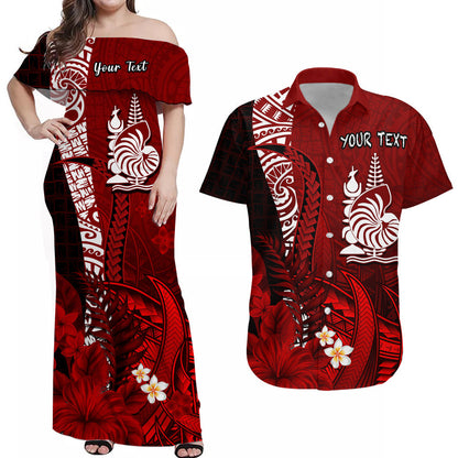 (Custom Personalised) Matching Outfits For Couples New Caledonia Combo Dress and Hawaiian Shirt Nautilus Red Polynesian Hibiscus