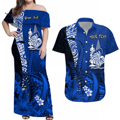 (Custom Personalised) Matching Outfits For Couples New Caledonia Combo Dress and Hawaiian Shirt Nautilus Blue Polynesian Hibiscus