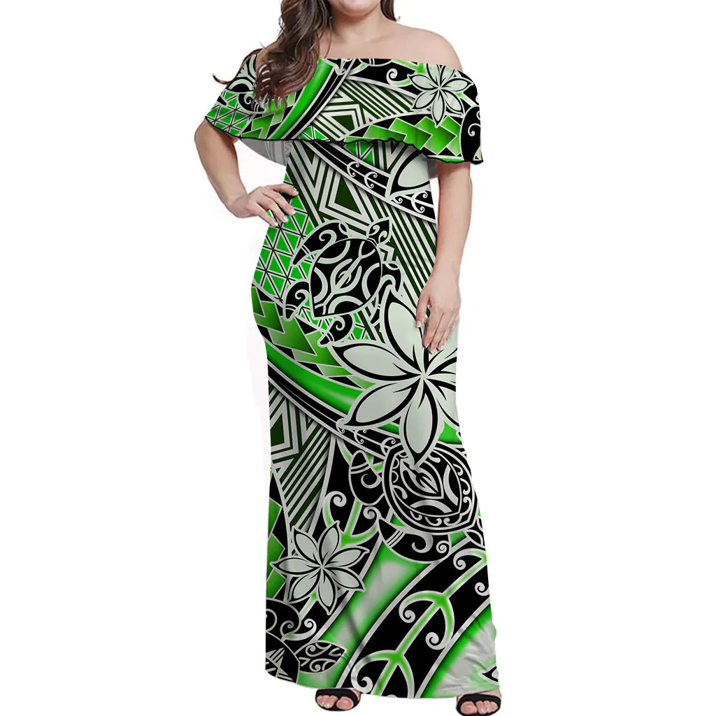 Hawaii Off Shoulder Long Dress Tribal Plumeria With Polynesian Turtle Ver.01