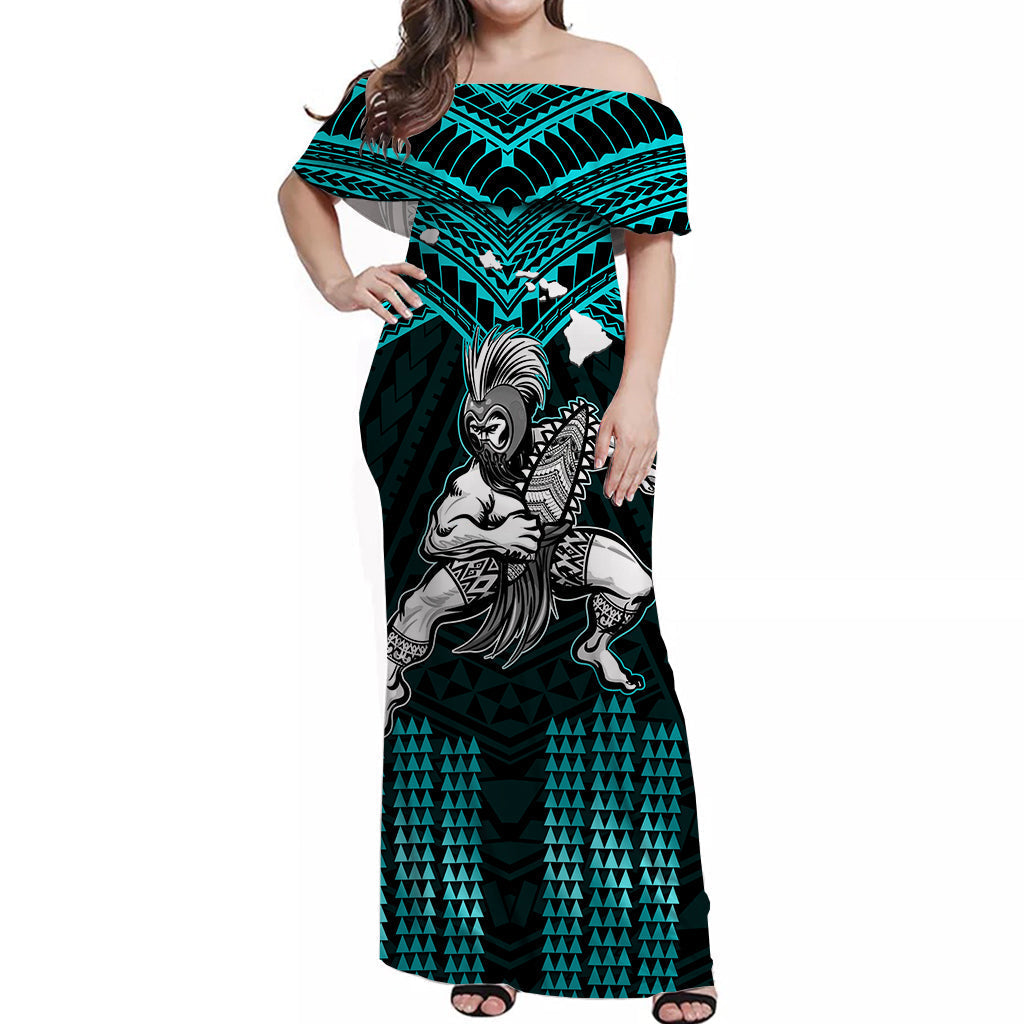 Hawaii Off Shoulder Long Dress Hawaiian Warrior With Weapon Polynesian Ver.02