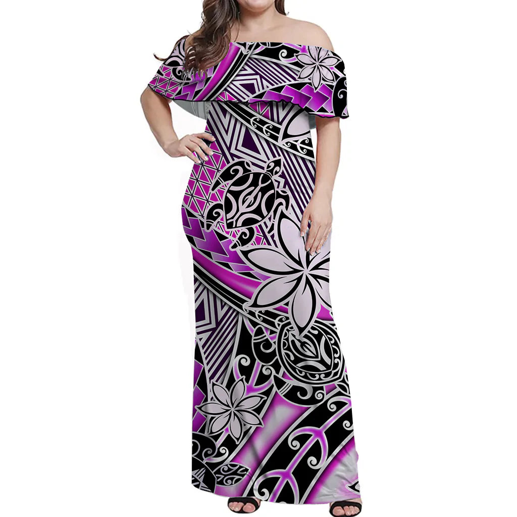 Hawaii Off Shoulder Long Dress Tribal Plumeria With Polynesian Turtle Ver.02