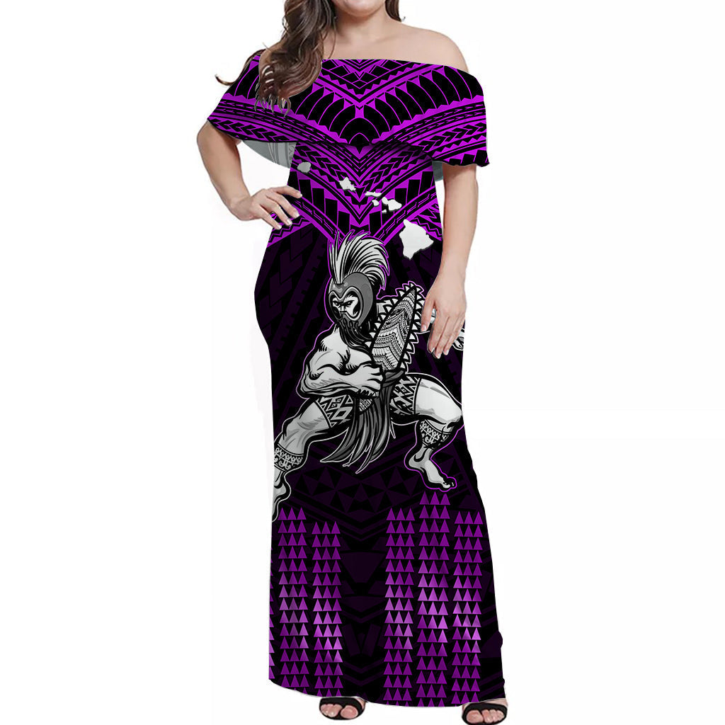 Hawaii Off Shoulder Long Dress Hawaiian Warrior With Weapon Polynesian Ver.04