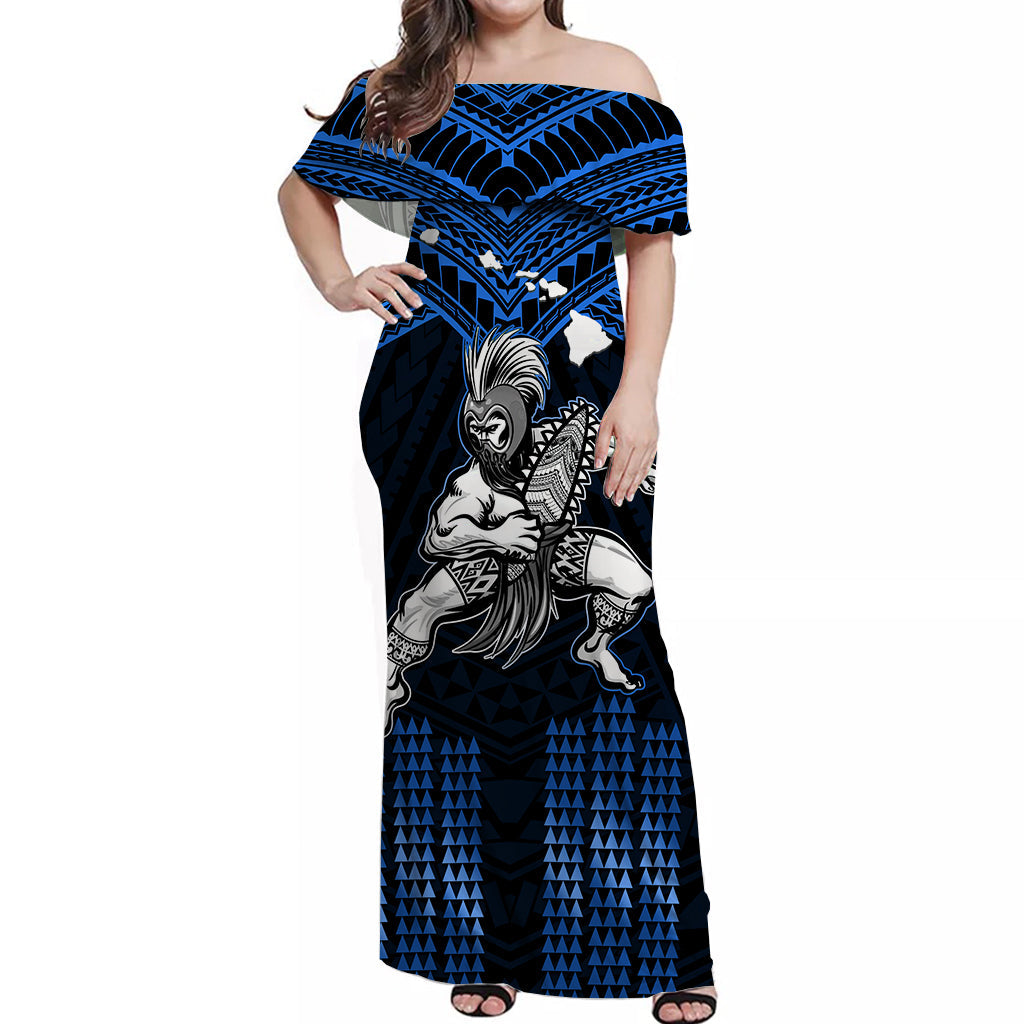 Hawaii Off Shoulder Long Dress Hawaiian Warrior With Weapon Polynesian Ver.06