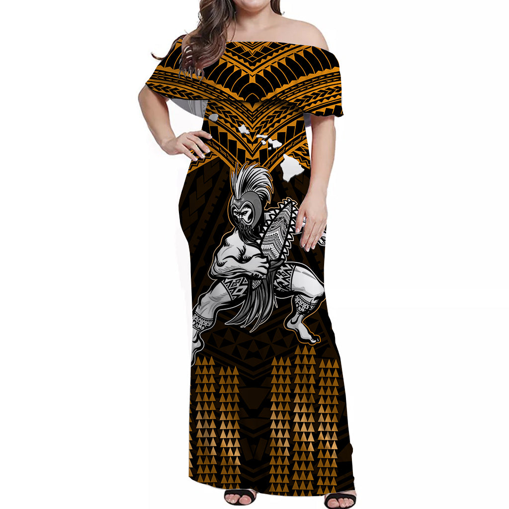 Hawaii Off Shoulder Long Dress Hawaiian Warrior With Weapon Polynesian Ver.07