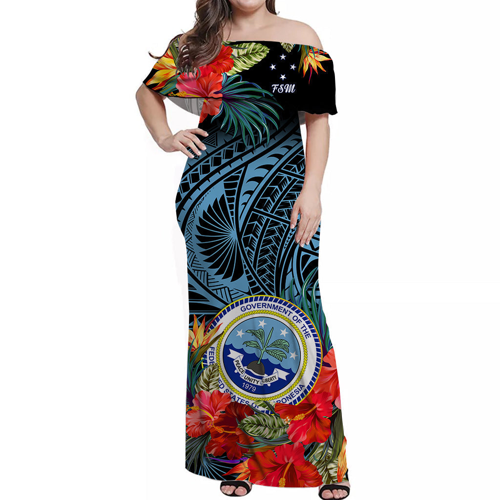 Federated States of Micronesia Off Shoulder Long Dress Hibiscus Flowers FSM Seal Polynesian Ver.01