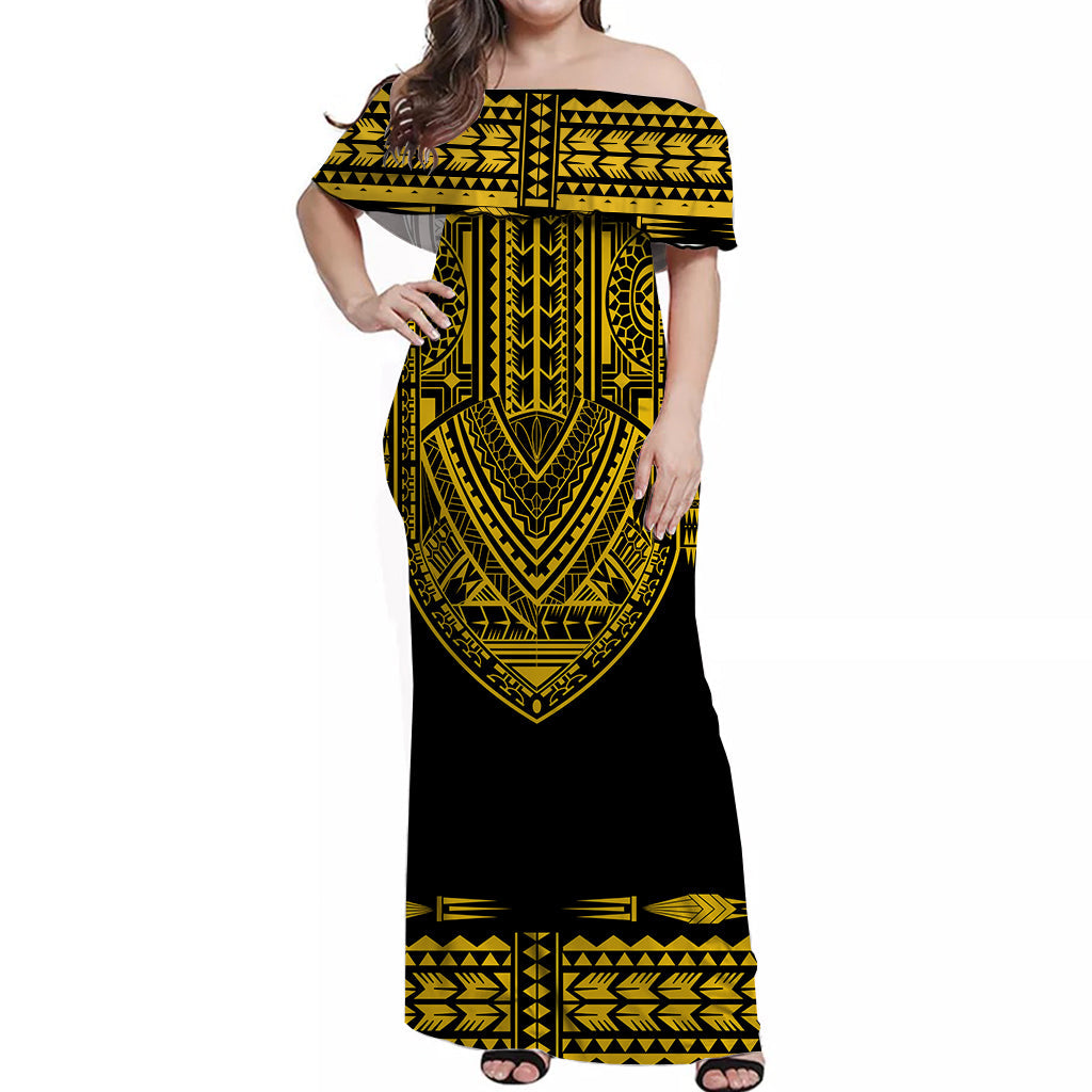 Polynesian Off Shoulder Long Dress Dashiki With Polynesian Tattoo Royal Golden Version