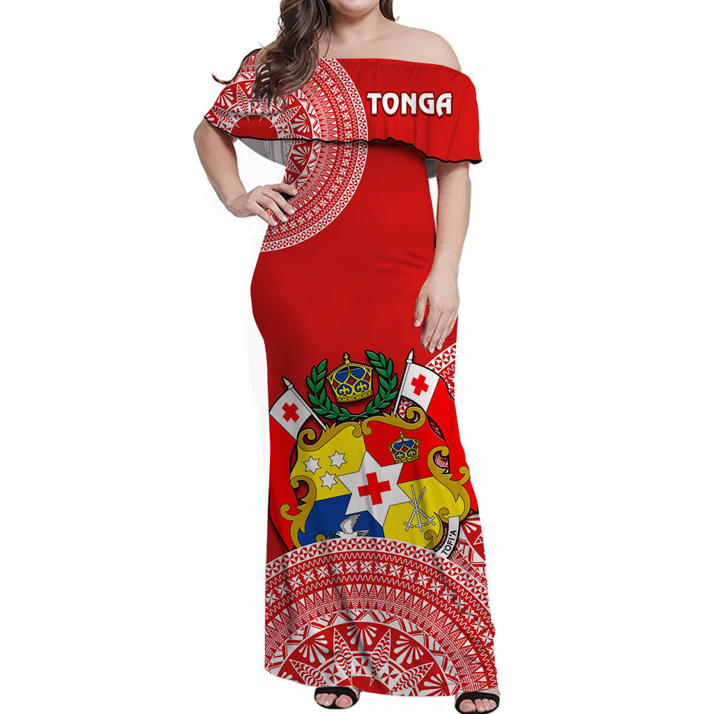 Tonga Off Shoulder Long Dress Tongan Coat Of Arms Ngatu Pattern
