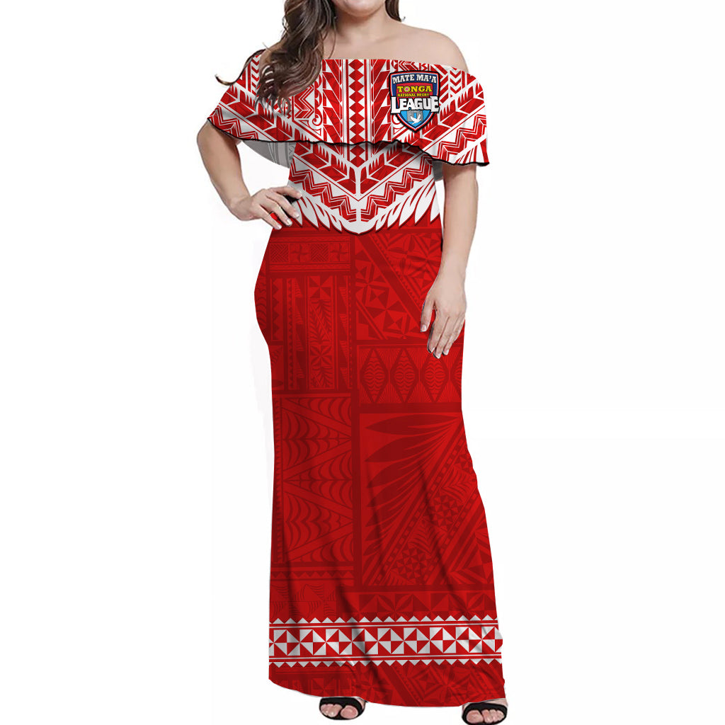 Tonga Rugby Off Shoulder Long Dress Mate Maa Tonga Pacific Ngatu White