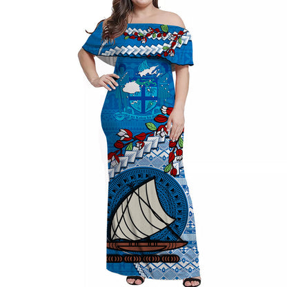 Custom Personalised Fiji Off Shoulder Long Dress Fijian Drua Mix Tagimaucia Flower Blue Style