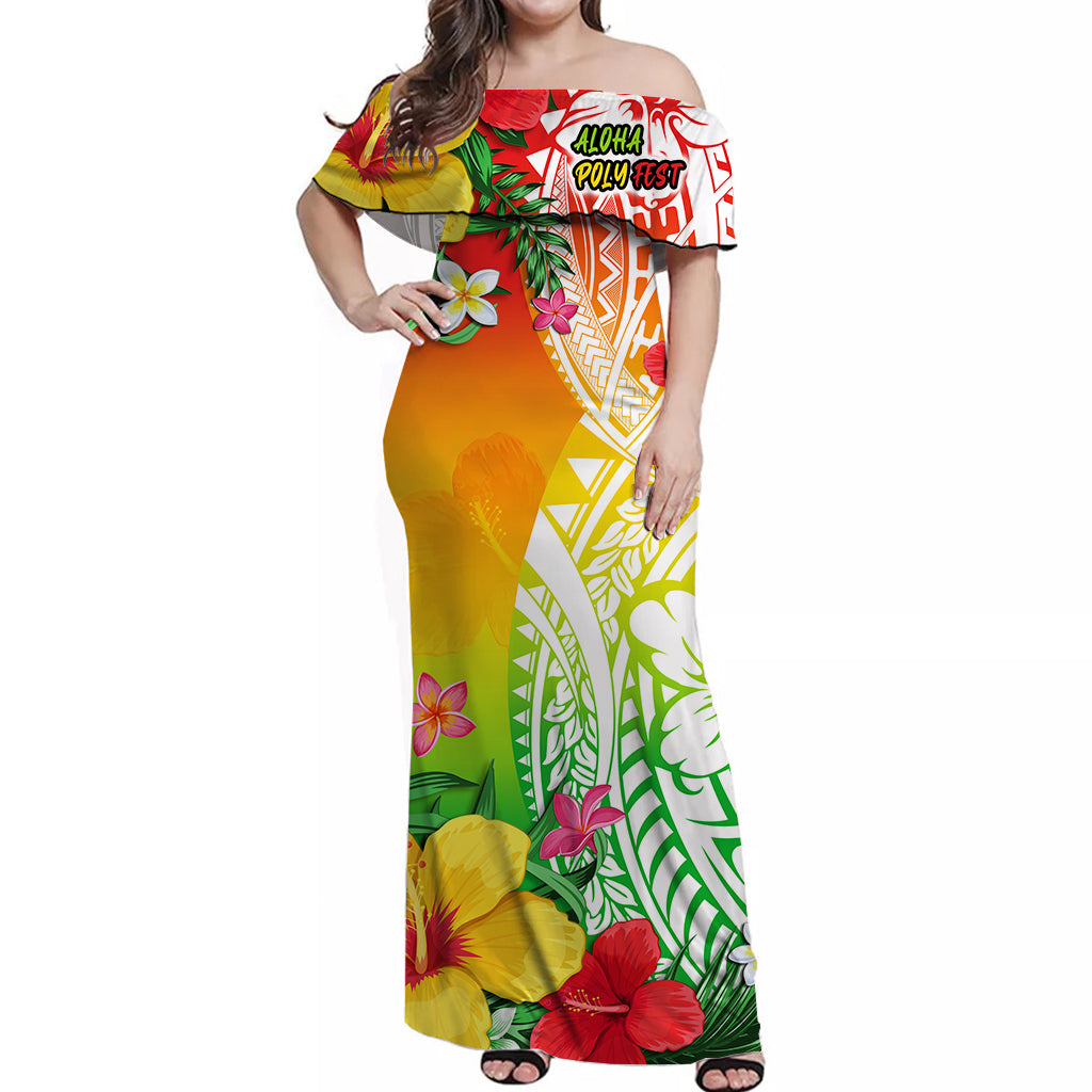 Aloha Poly Fest Off Shoulder Long Dress Polynesian Pattern With Tropical Flowers