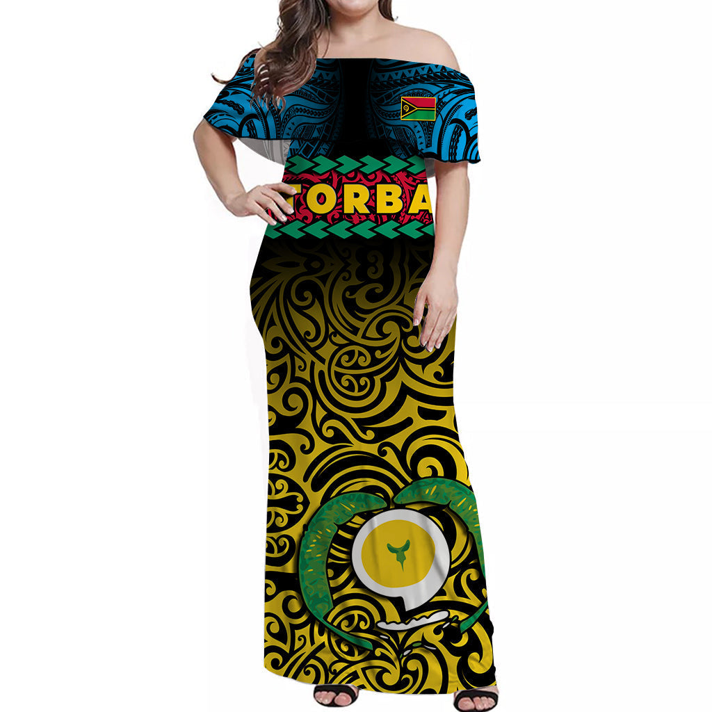 Torba Province Off Shoulder Long Dress Vanuatu Pig Tusk Polynesian Flag Style