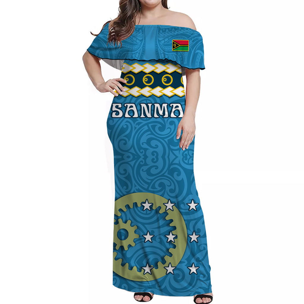 Sanma Province Off Shoulder Long Dress Vanuatu Pig Tusk Polynesian Flag Style
