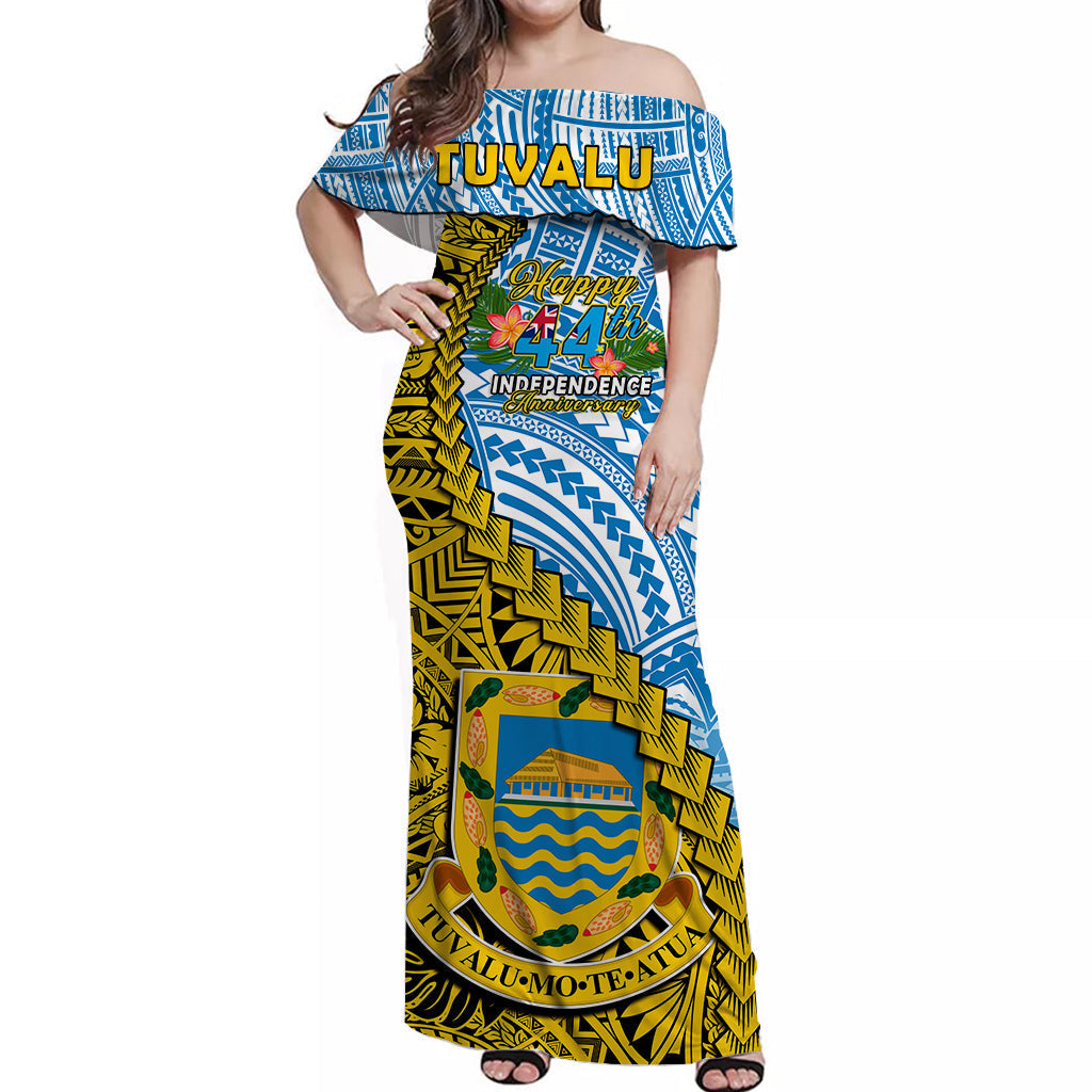 Tuvalu 1978 Off Shoulder Long Dress Happy 44th Independence Anniversary Polynesian Pattern