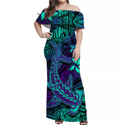 Custom Personalised Polynesian Off Shoulder Long Dress Purple Paradise Hawaiian Tribal Hammerhead Shark