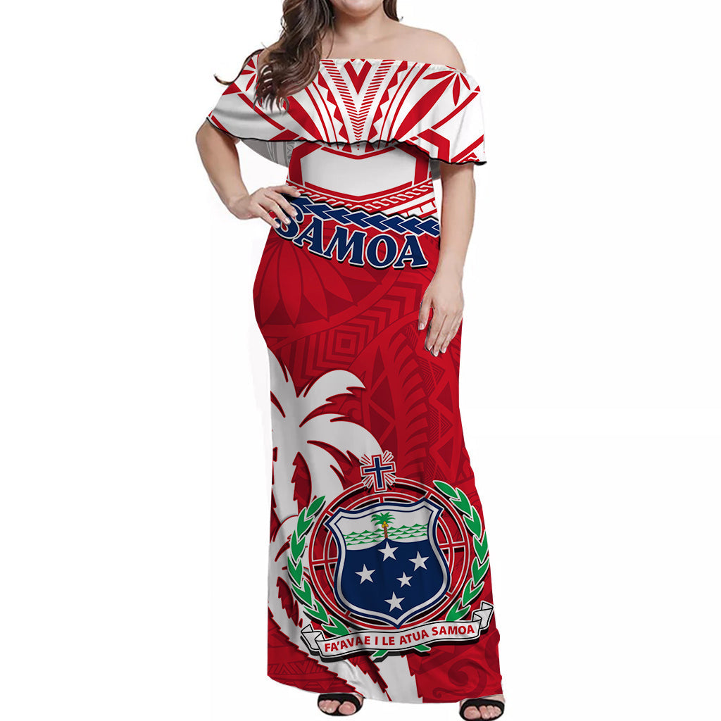 Samoa Off Shoulder Long Dress Samoan Coat Of Arms With Coconut Red Style
