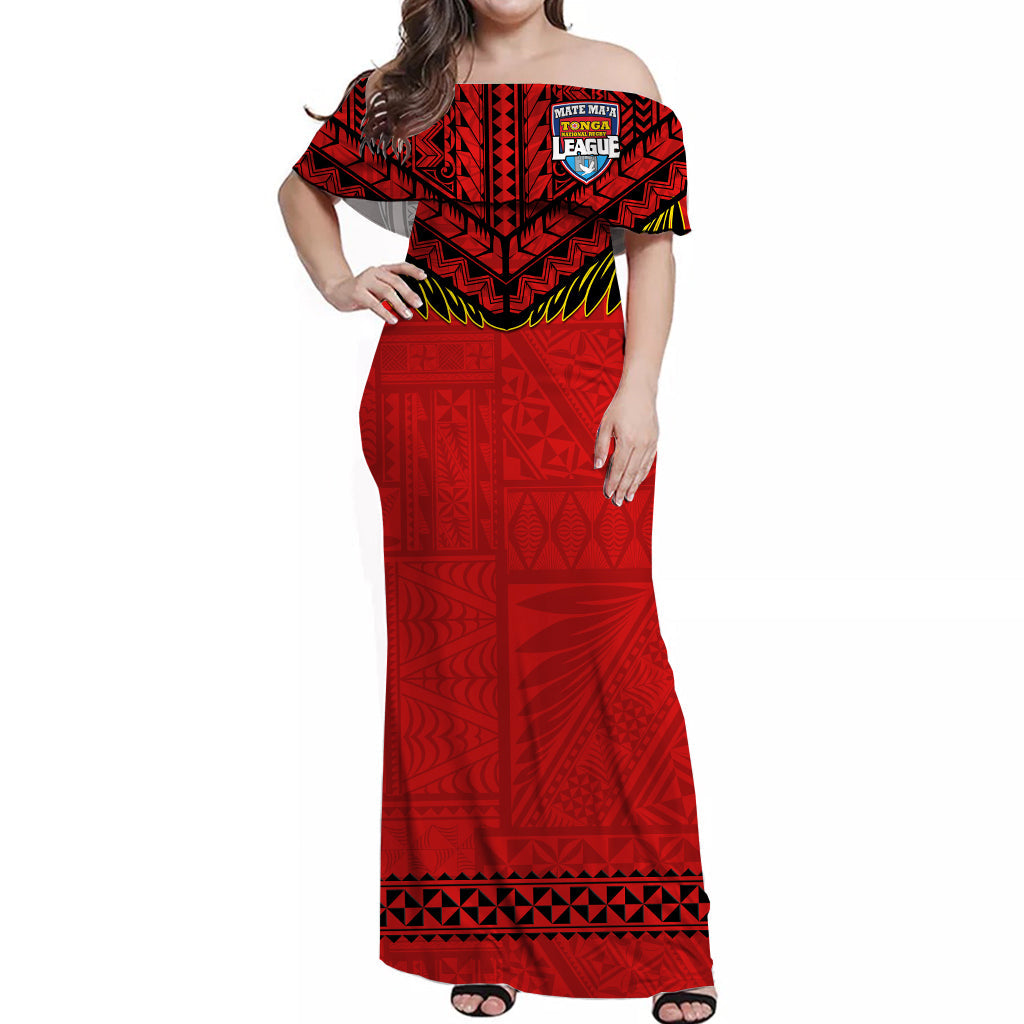 Tonga Rugby Off Shoulder Long Dress Mate Maa Tonga Pacific Ngatu Black
