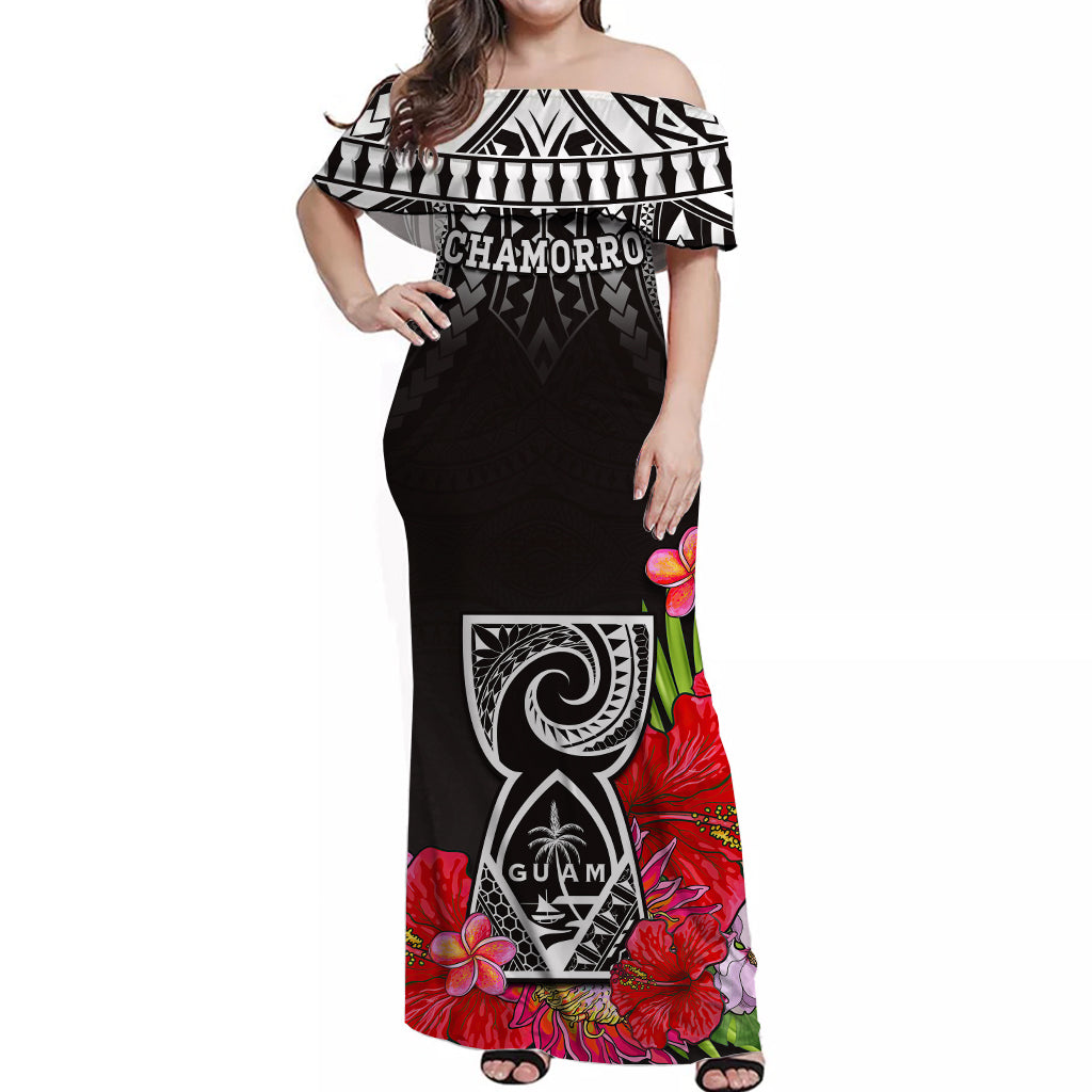 Custom Personalised Guam Chamorro Off Shoulder Long Dress Guaman Latte Stone Tropical Flowers Black Version