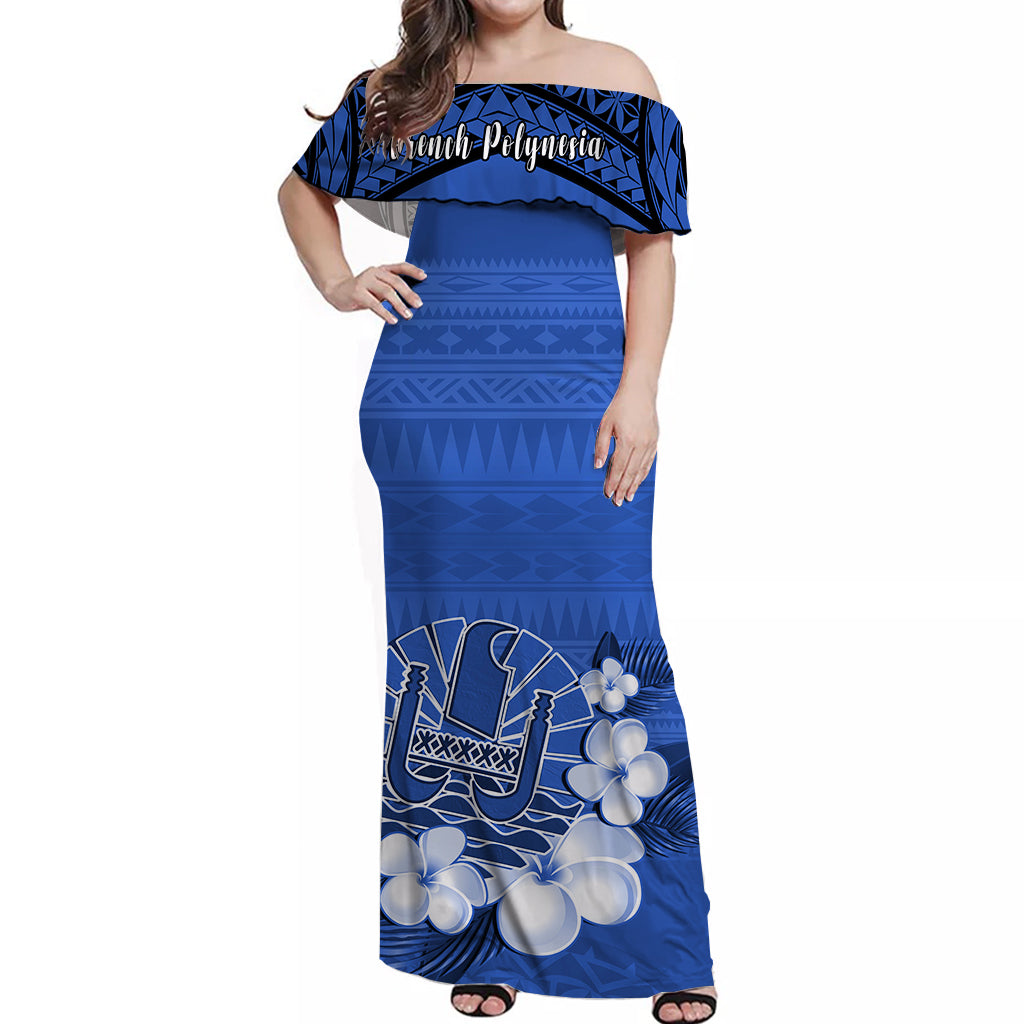 French Polynesia Off Shoulder Long Dress Happy Internal Autonomy Day Special Blue Version