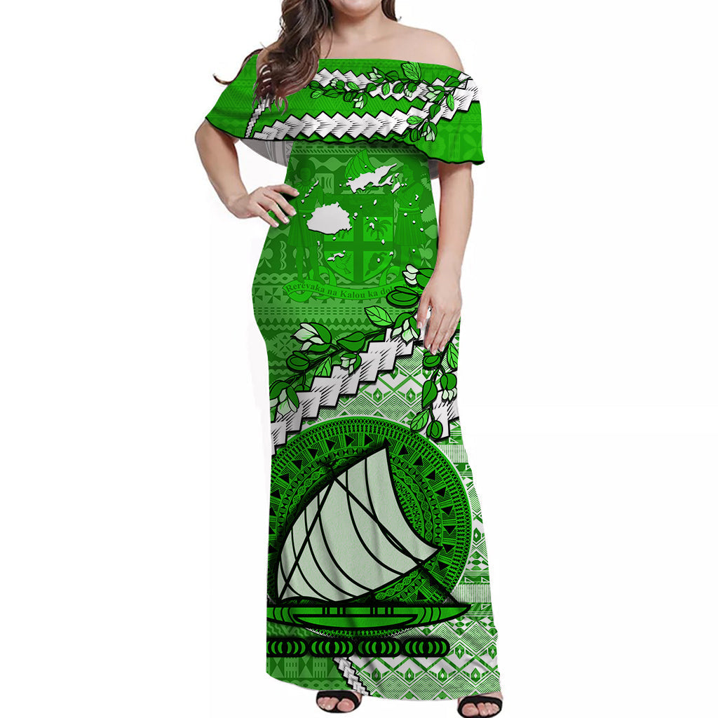 Fiji Off Shoulder Long Dress Fijian Drua Mix Tagimaucia Flower Green Style