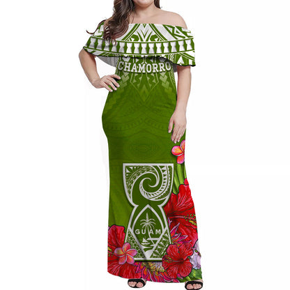 Custom Personalised Guam Chamorro Off Shoulder Long Dress Guaman Latte Stone Tropical Flowers Green Version