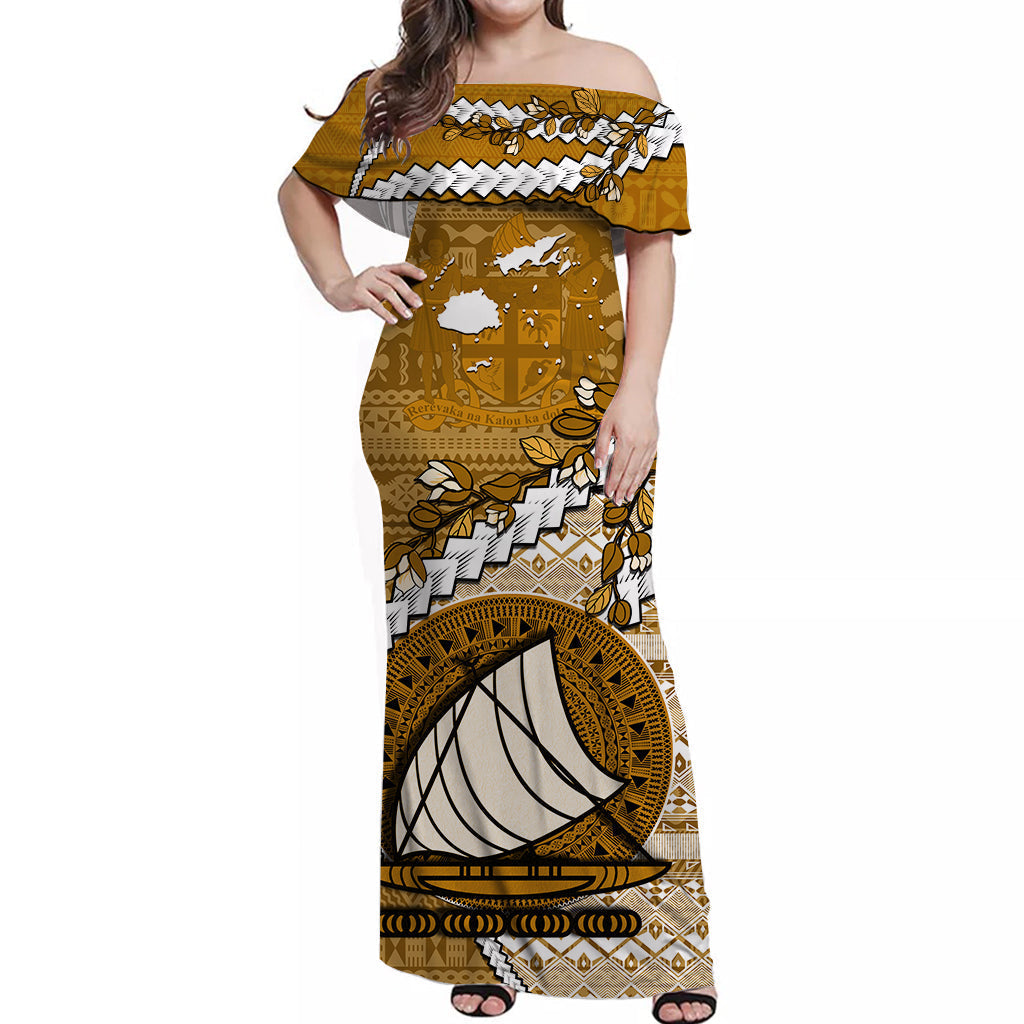 Fiji Off Shoulder Long Dress Fijian Drua Mix Tagimaucia Flower Orange Style