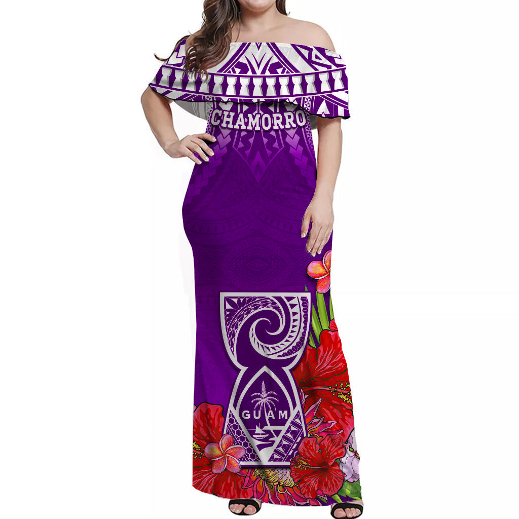Custom Personalised Guam Chamorro Off Shoulder Long Dress Guaman Latte Stone Tropical Flowers Purple Version