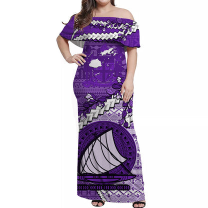 Fiji Off Shoulder Long Dress Fijian Drua Mix Tagimaucia Flower Purple Style