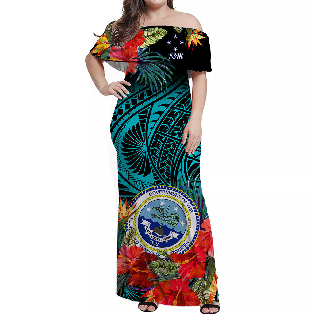 Federated States of Micronesia Off Shoulder Long Dress Hibiscus Flowers FSM Seal Polynesian Ver.03