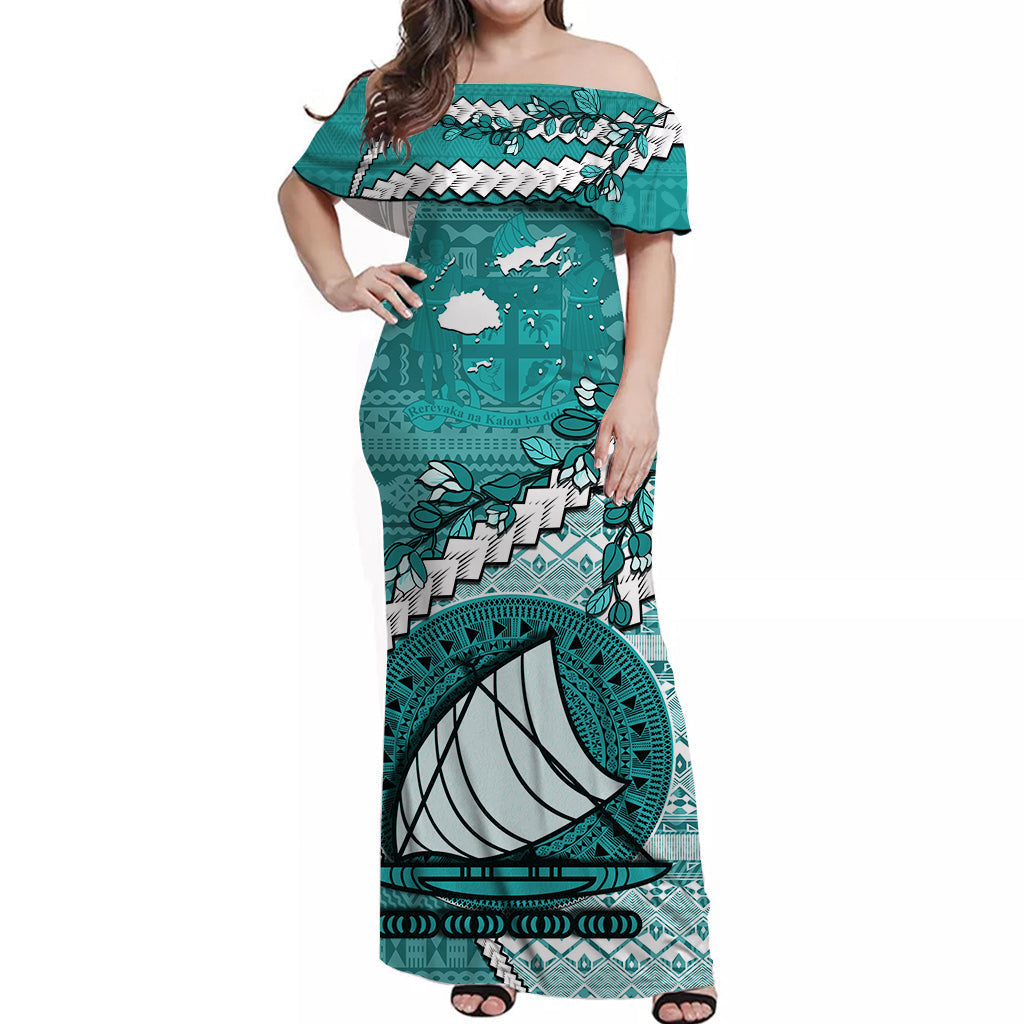 Fiji Off Shoulder Long Dress Fijian Drua Mix Tagimaucia Flower Turquoise Style