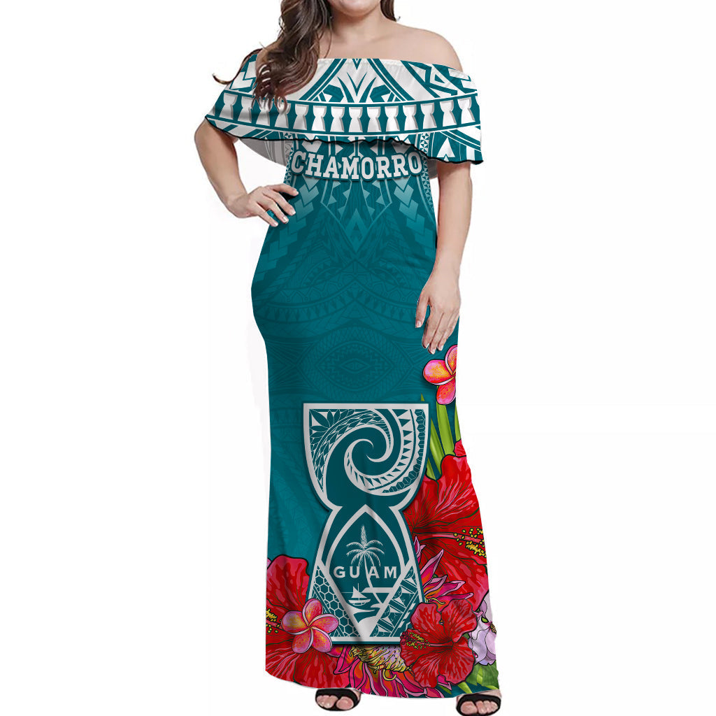 Custom Personalised Guam Chamorro Off Shoulder Long Dress Guaman Latte Stone Tropical Flowers Turquoise Version