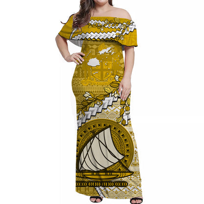 Fiji Off Shoulder Long Dress Fijian Drua Mix Tagimaucia Flower Yellow Style