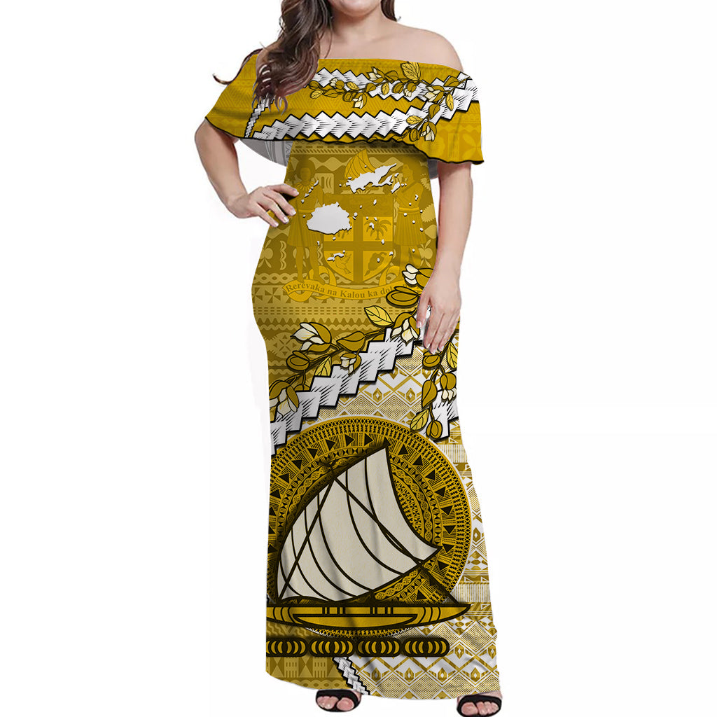 Custom Personalised Fiji Off Shoulder Long Dress Fijian Drua Mix Tagimaucia Flower Yellow Style