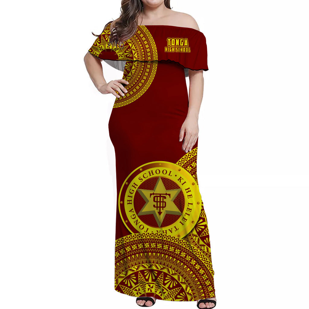 Tonga High School Off Shoulder Long Dress Tongan Ngatu Pattern
