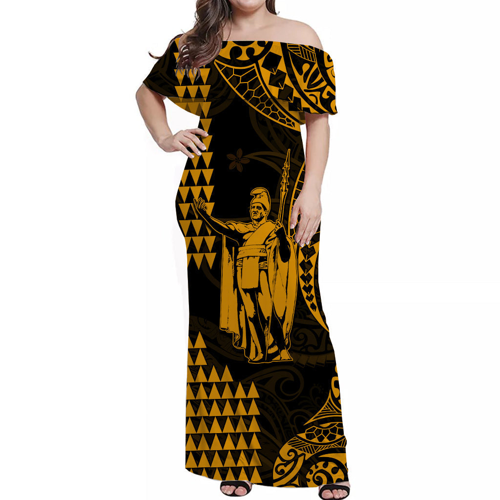 Custom Personalised Hawaii Day Kakau Off Shoulder Long Dress Proud To Be Hawaiian Gold King Kamehameha and Kanaka Maoli