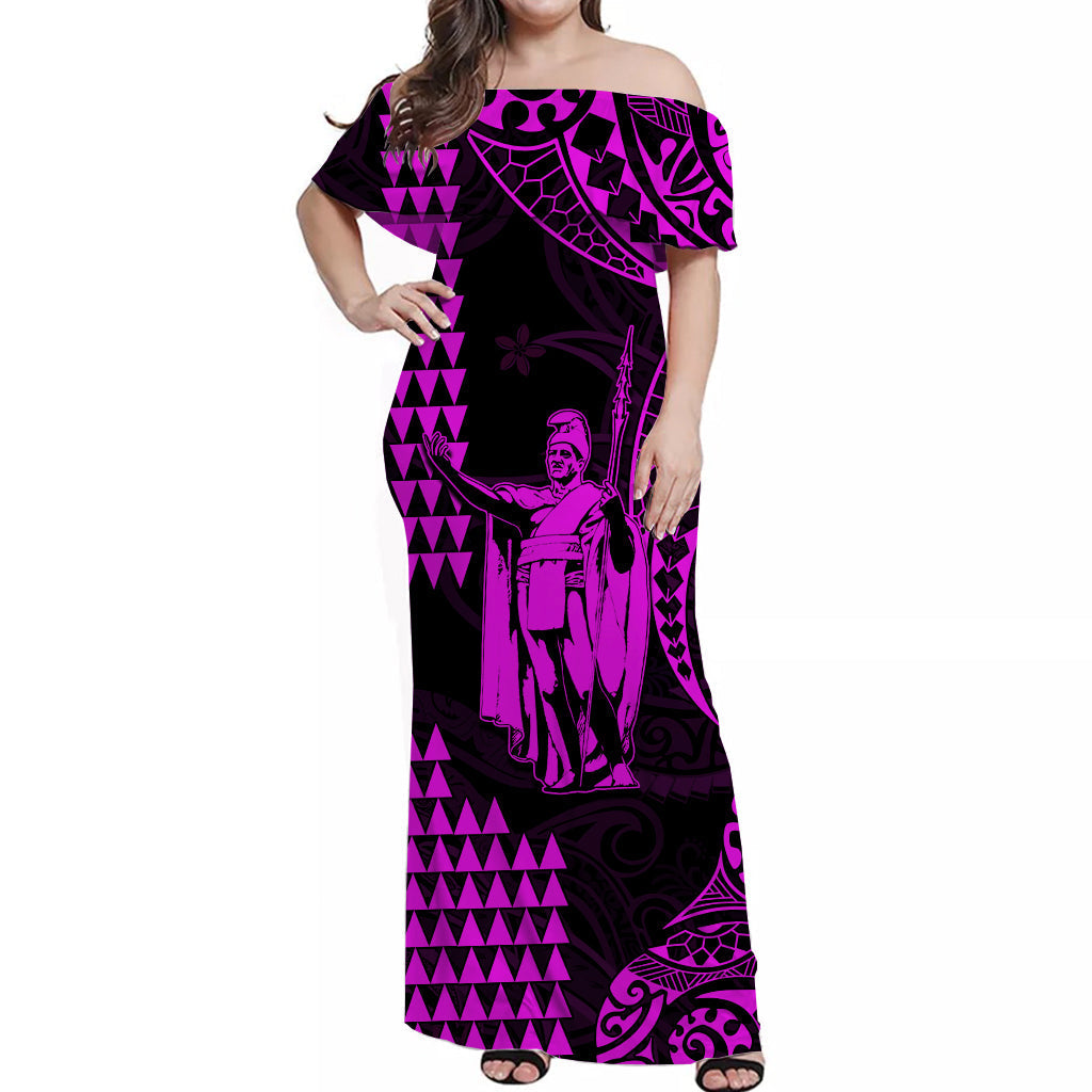 Custom Personalised Hawaii Day Kakau Off Shoulder Long Dress Proud To Be Hawaiian Purple King Kamehameha and Kanaka Maoli